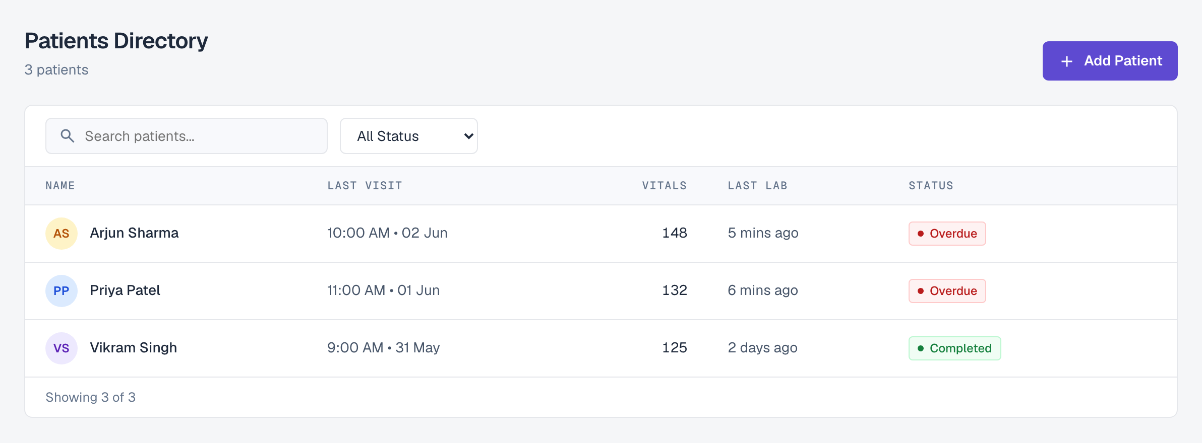 DoctorSuno patients directory - searchable patient list with last visit, vitals and status