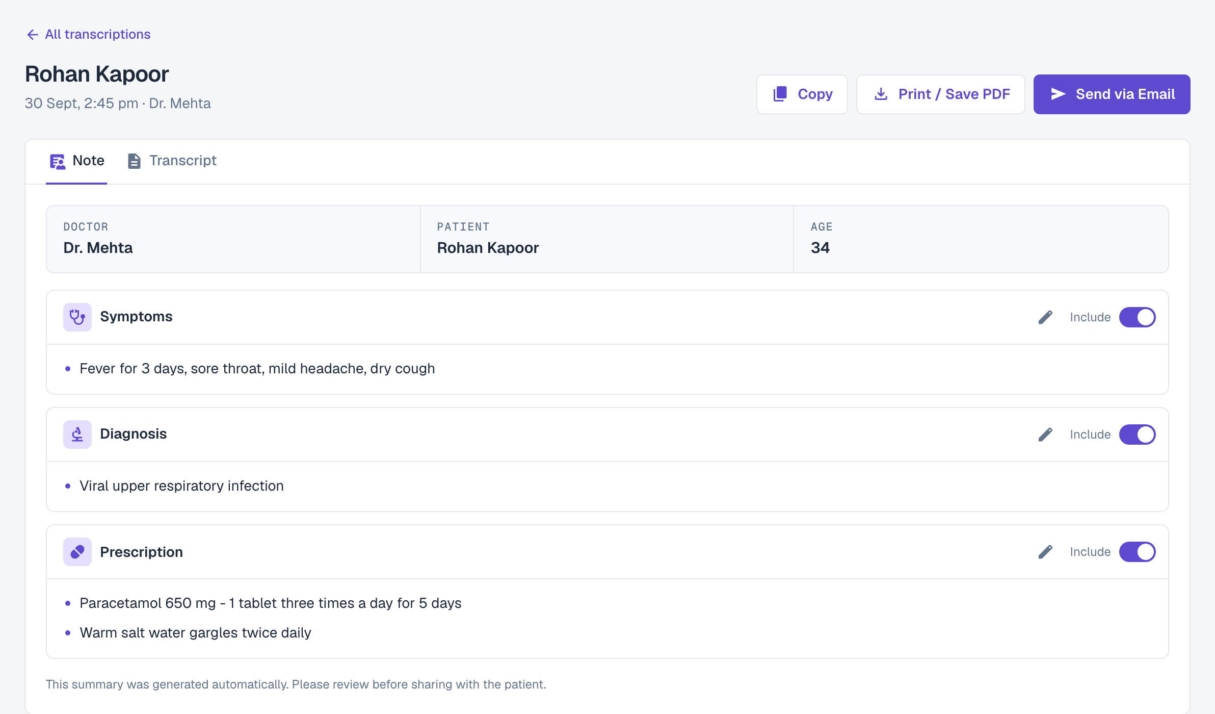 DoctorSuno Scribe note - patient details, symptoms, diagnosis and prescription generated from a consultation